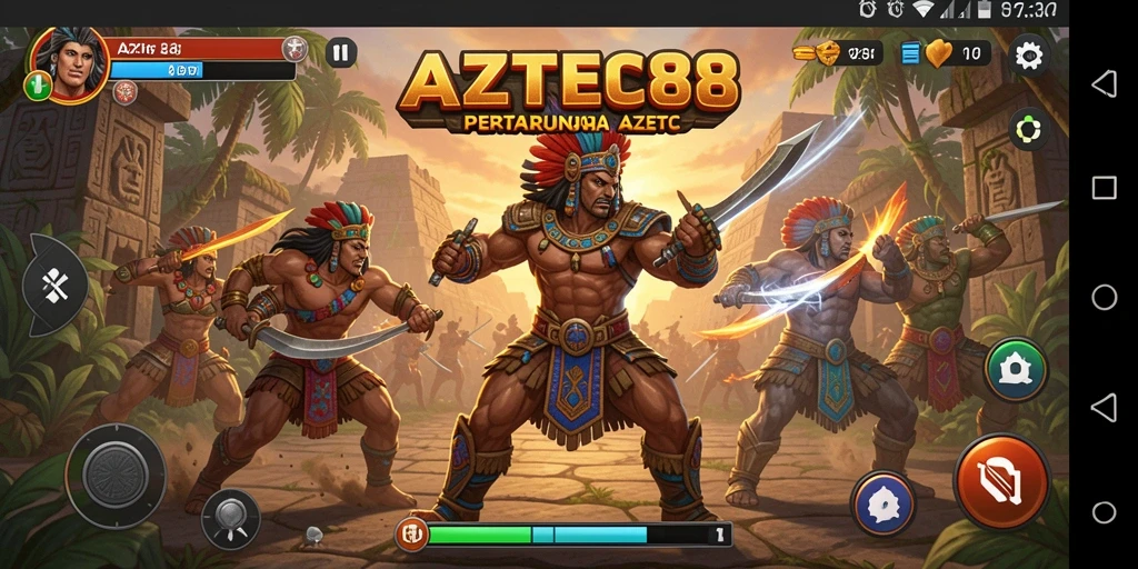 Tangkapan layar gameplay AZTEC88 menampilkan aksi pertarungan yang mendebarkan.