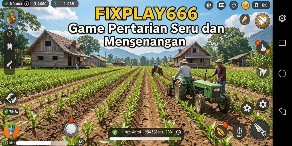 Gameplay pertanian FIXPLAY666 dengan ladang hijau subur.